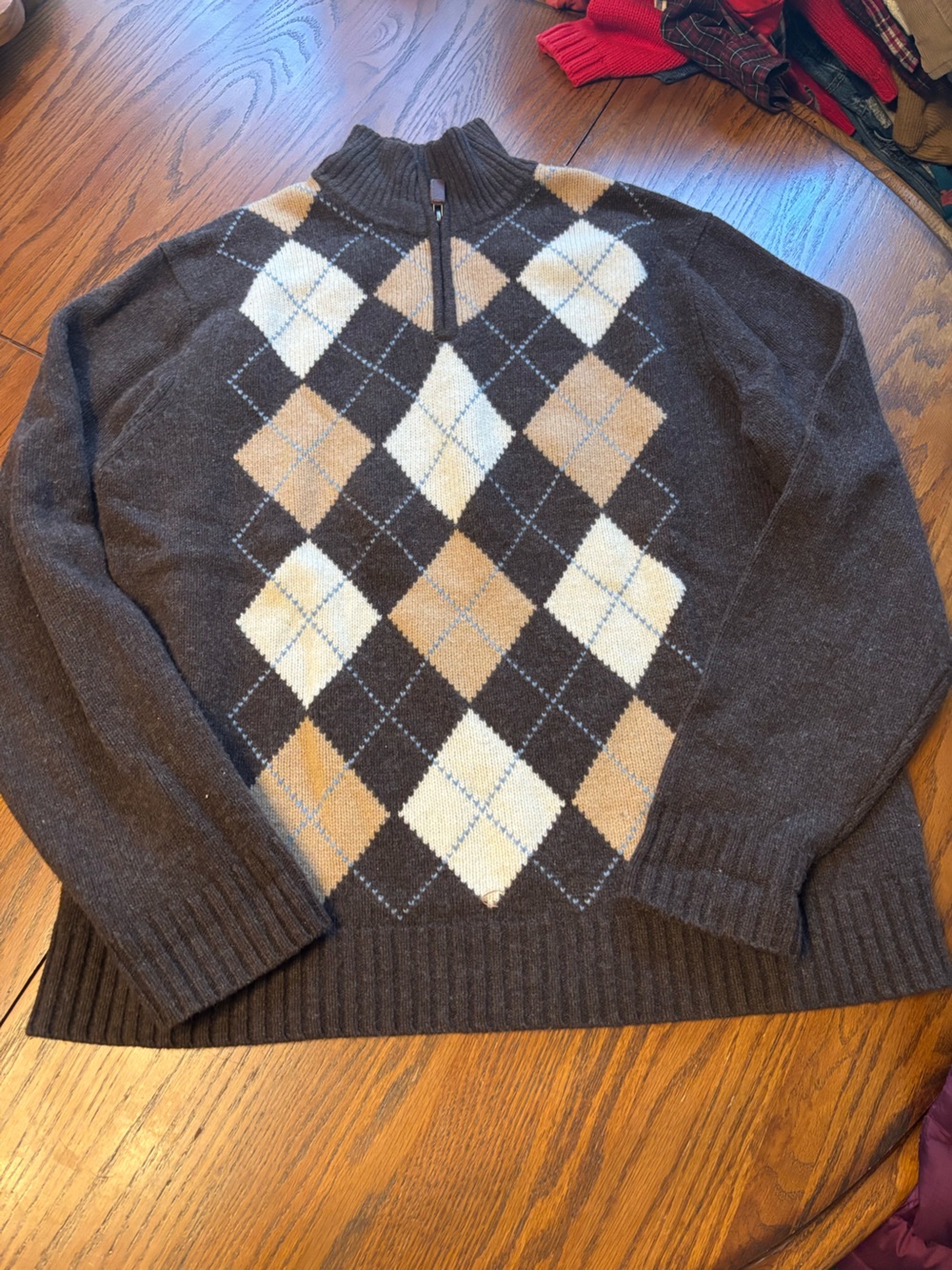 J crew mens XL lambs wool argyle mock zip sweater